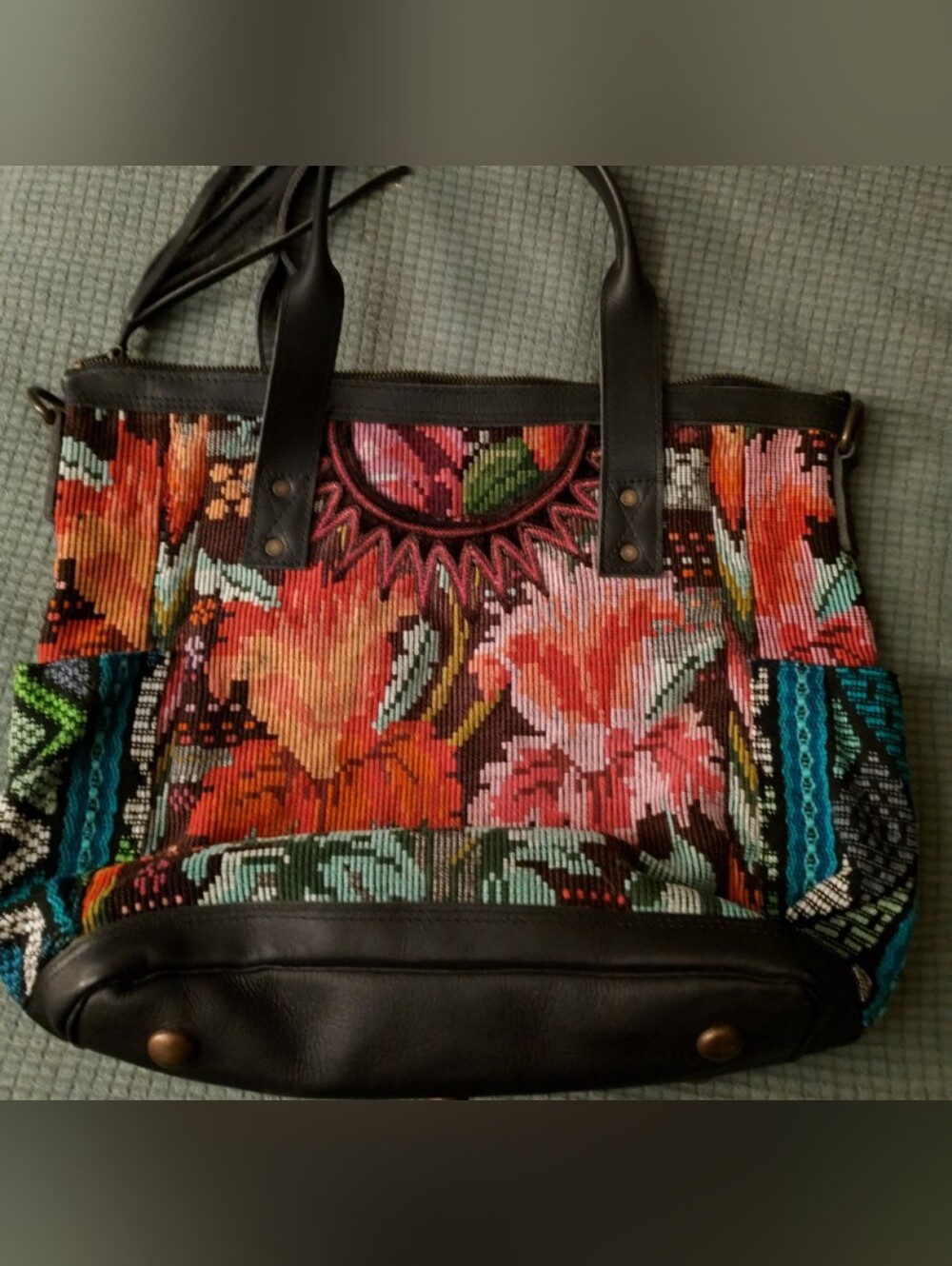 Floral Multicolor Woven Tote Bag with Black Leather Trim